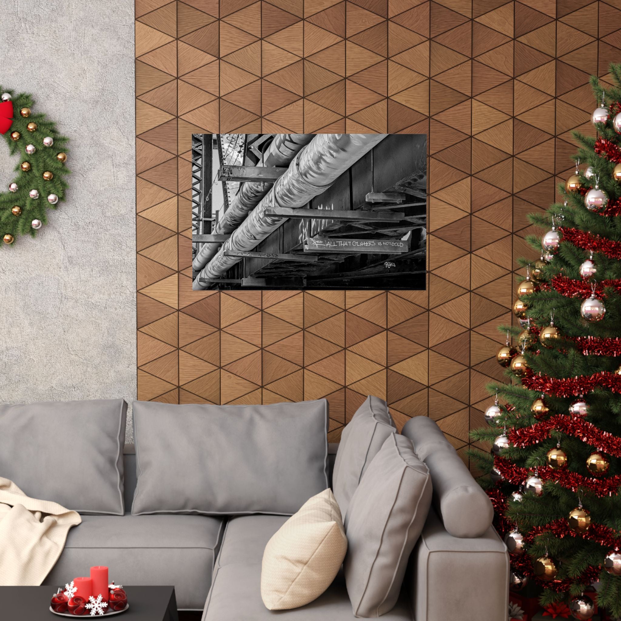 Industrial Black & White Matte Horizontal Poster — Urban Pipe Bridge Photography