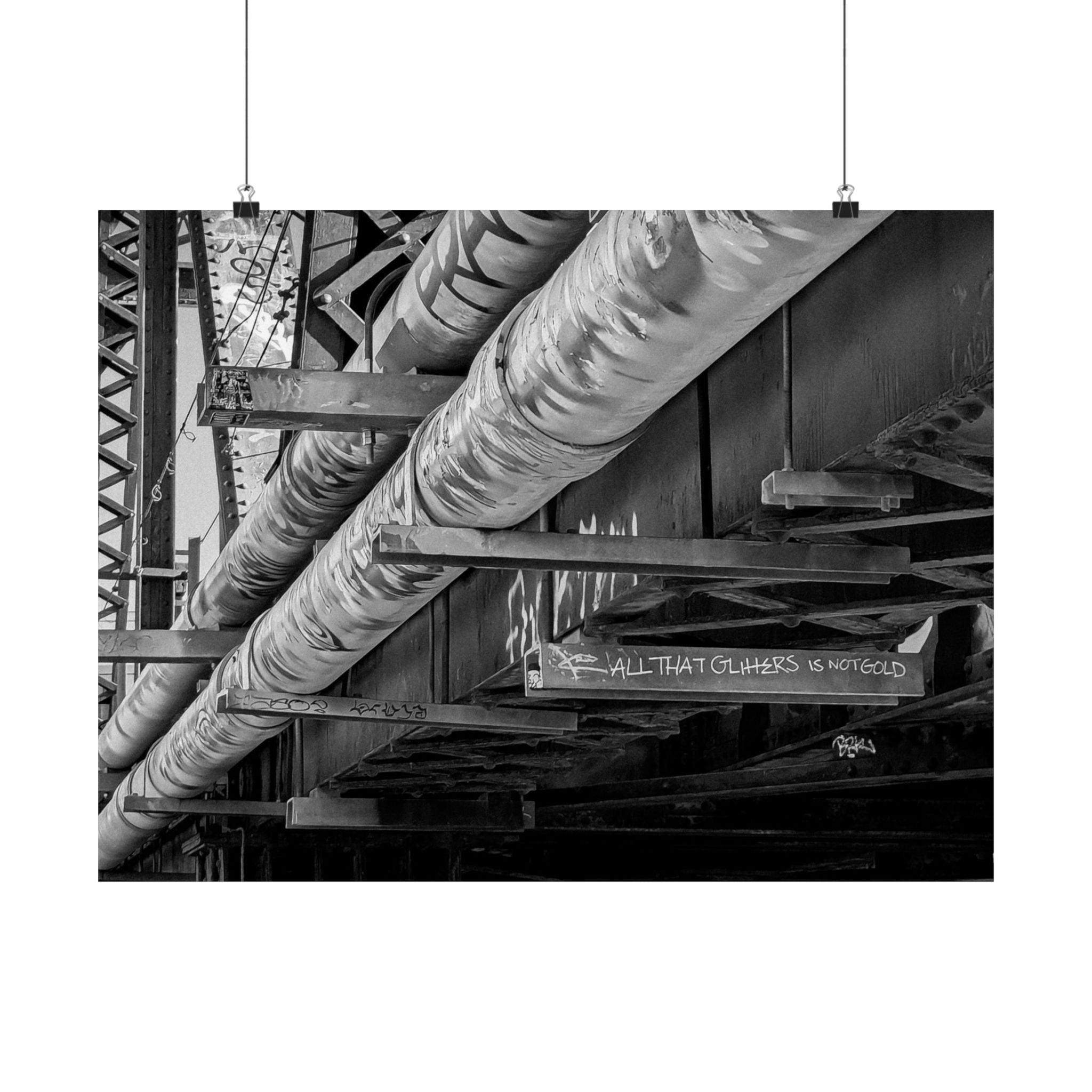 Industrial Black & White Matte Horizontal Poster — Urban Pipe Bridge Photography