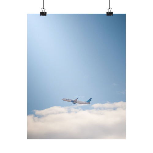 Airplane in Blue Sky Matte Poster — Vertical Travel Wall Art