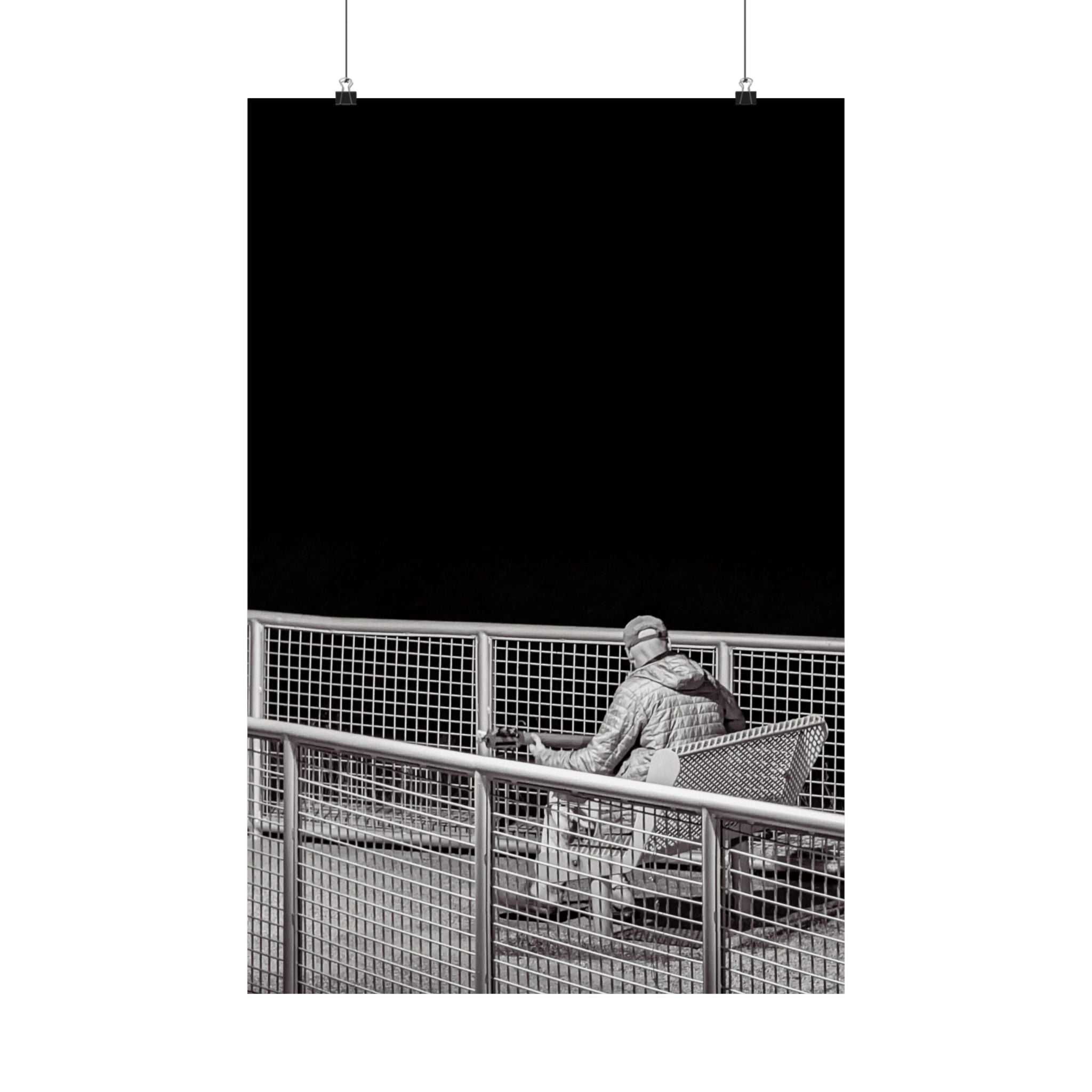 Black & White Lone Guitar Player Matte Vertical Poster — Minimalist wall art