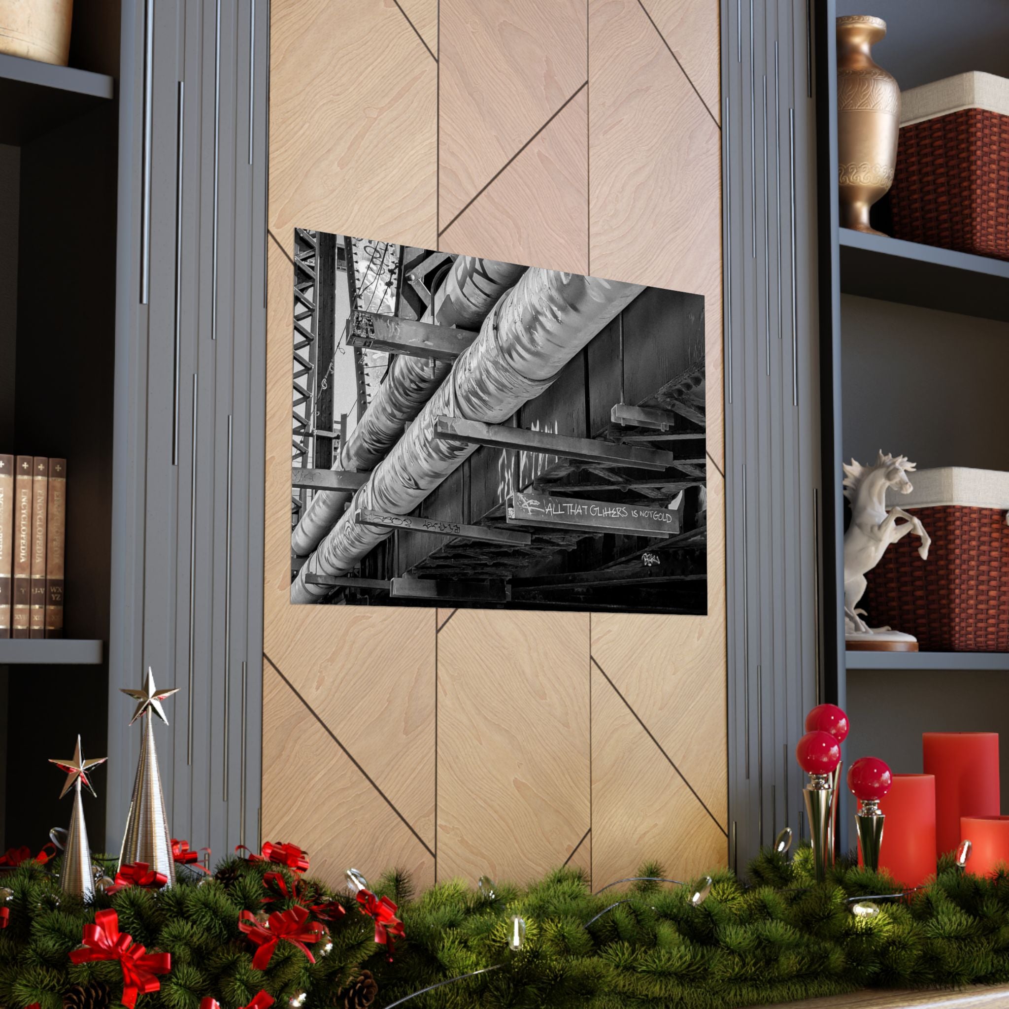 Industrial Black & White Matte Horizontal Poster — Urban Pipe Bridge Photography