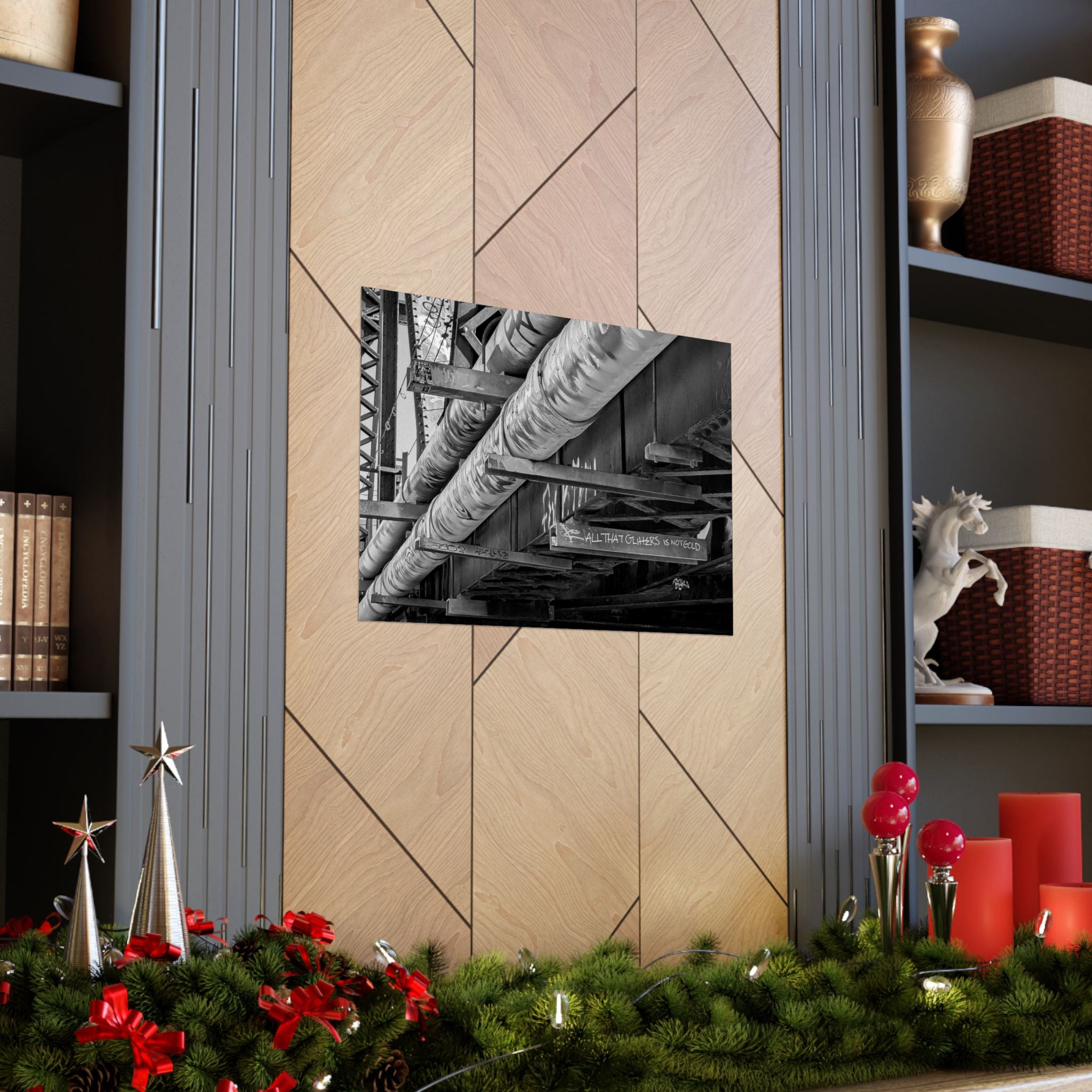 Industrial Black & White Matte Horizontal Poster — Urban Pipe Bridge Photography