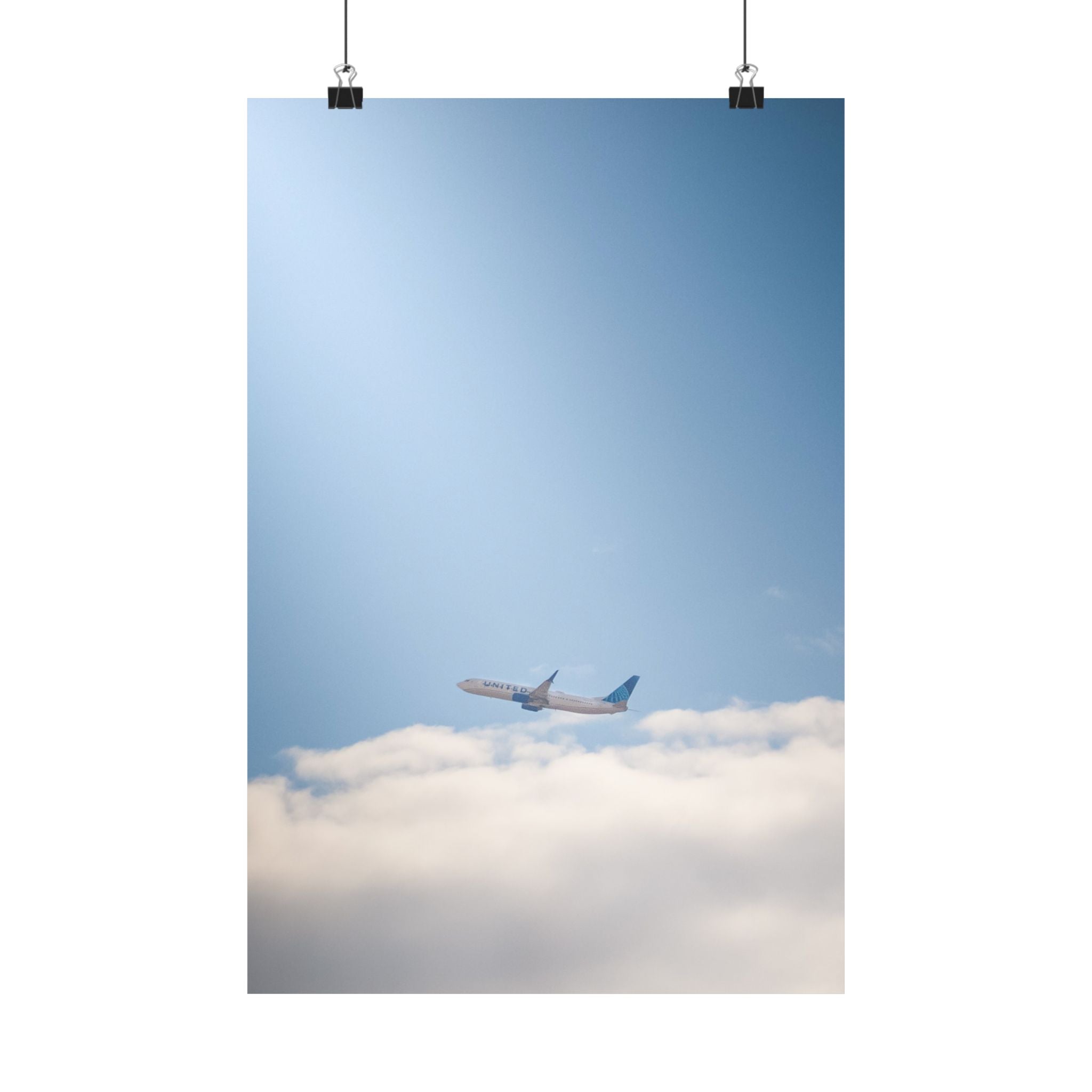 Airplane in Blue Sky Matte Poster — Vertical Travel Wall Art