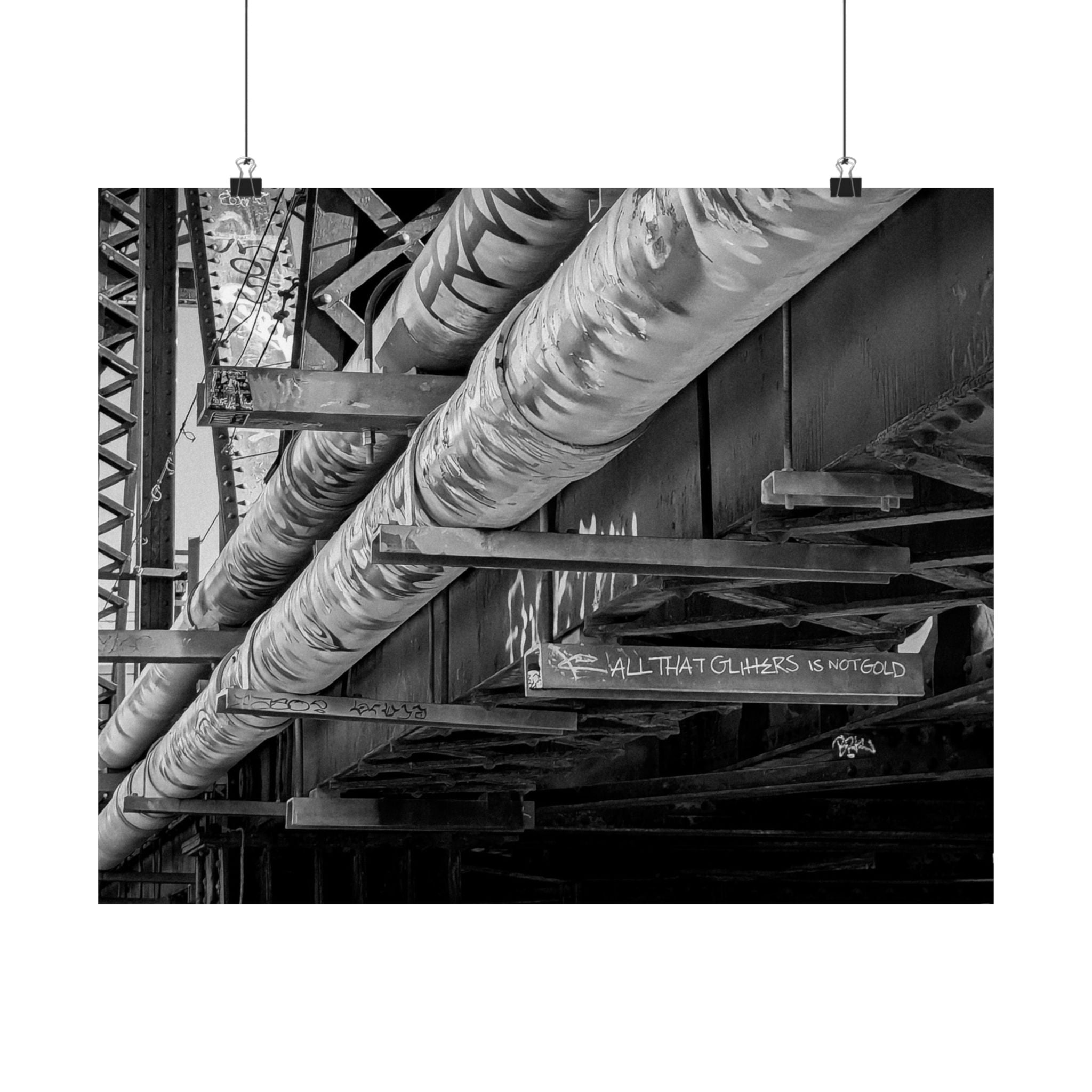 Industrial Black & White Matte Horizontal Poster — Urban Pipe Bridge Photography