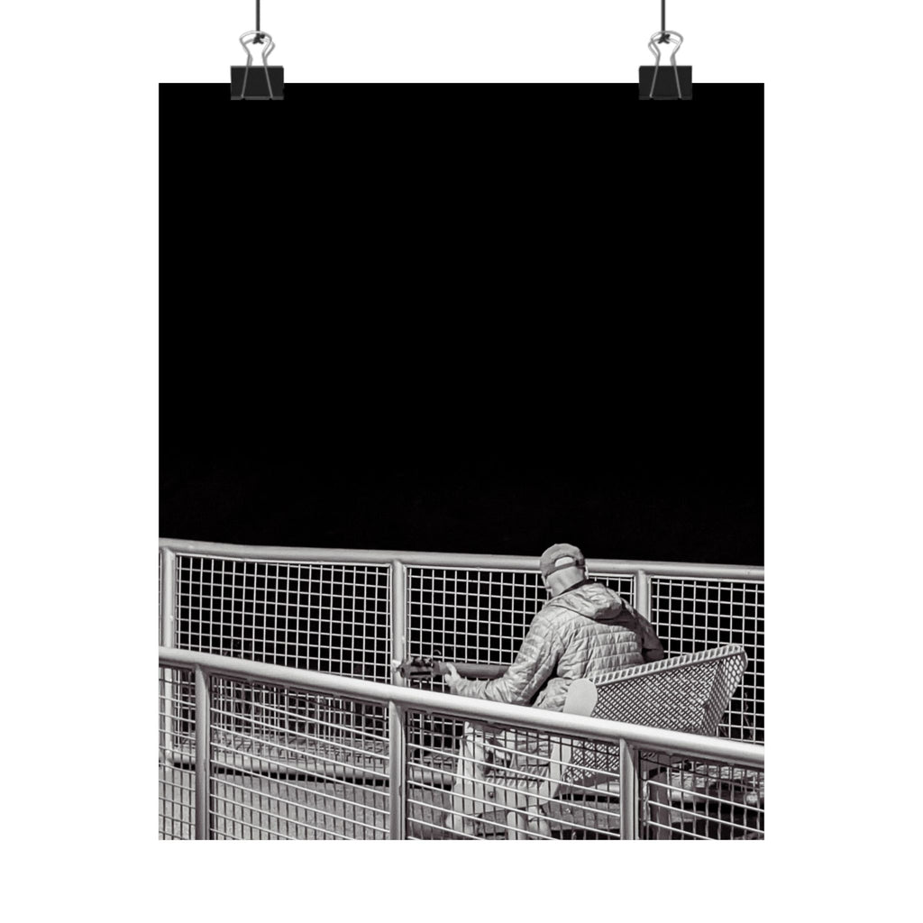 Black & White Lone Guitar Player Matte Vertical Poster — Minimalist wall art