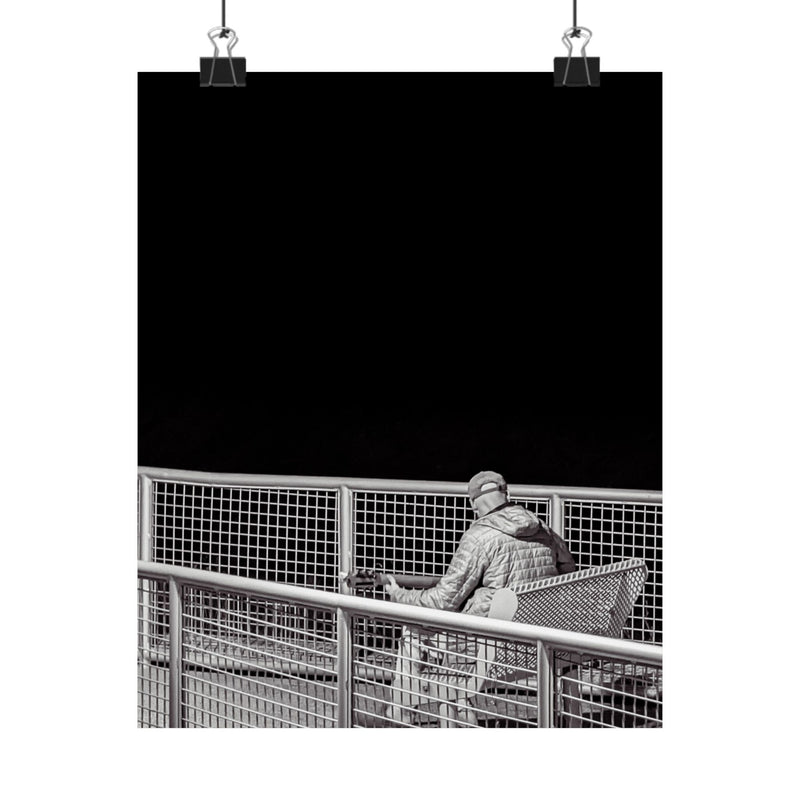 Black & White Lone Guitar Player Matte Vertical Poster — Minimalist wall art