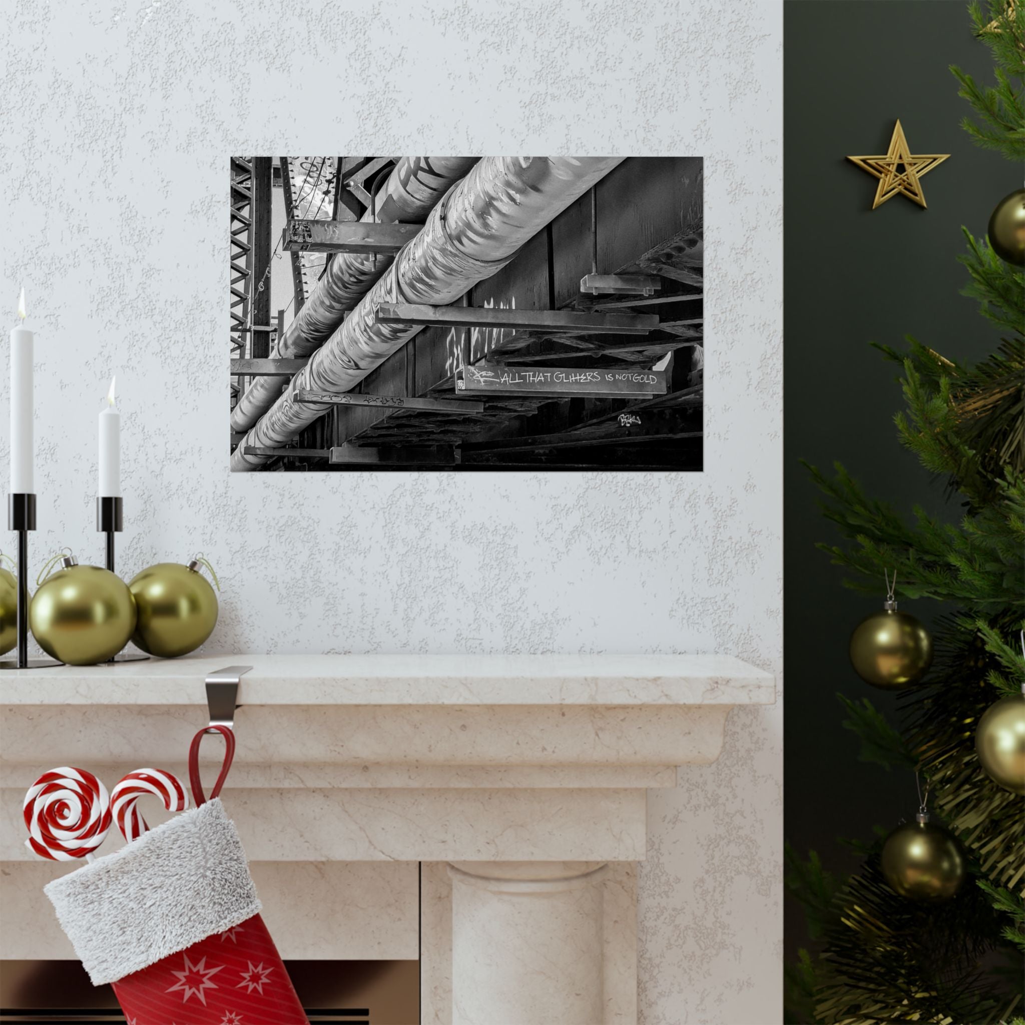 Industrial Black & White Matte Horizontal Poster — Urban Pipe Bridge Photography