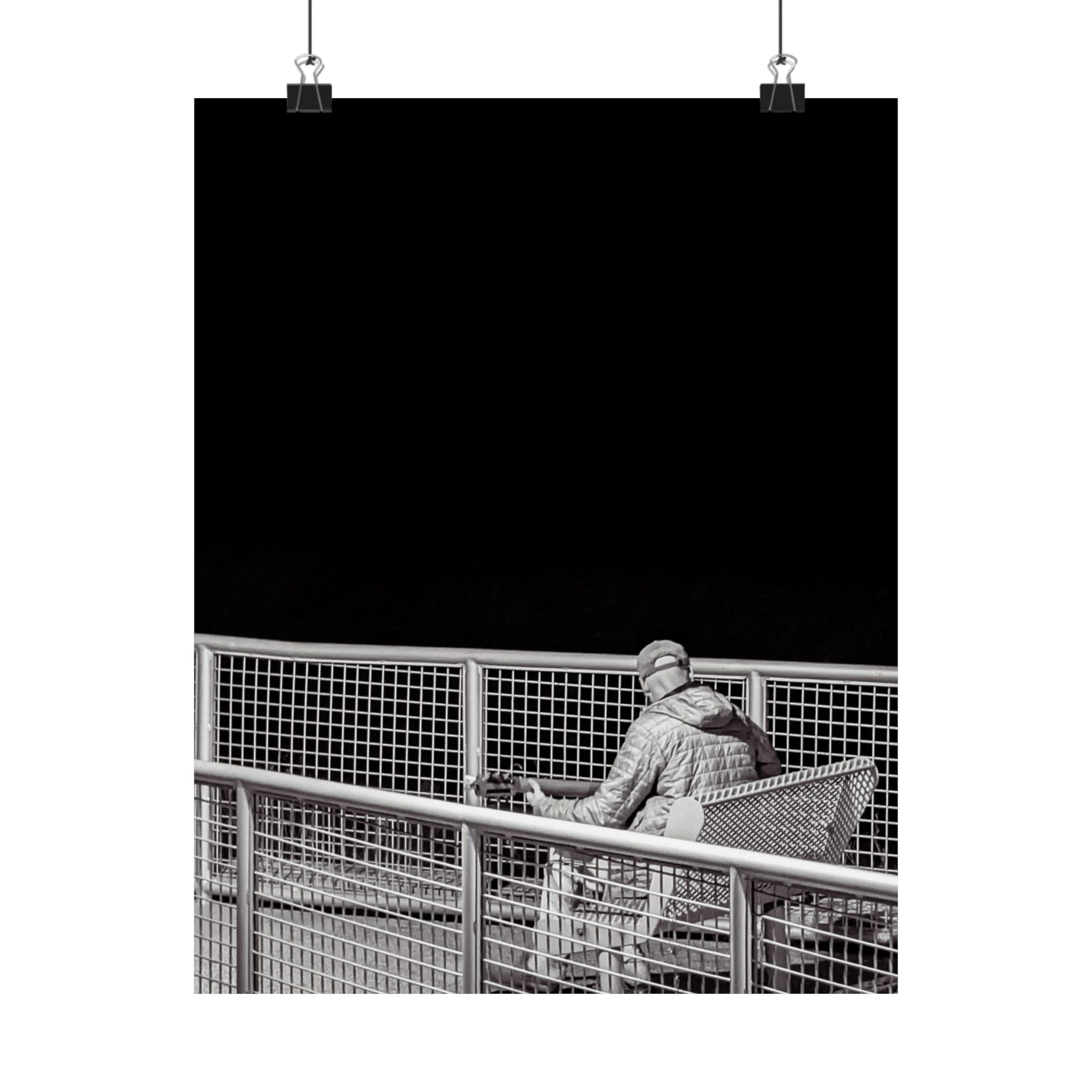 Black & White Lone Guitar Player Matte Vertical Poster — Minimalist wall art