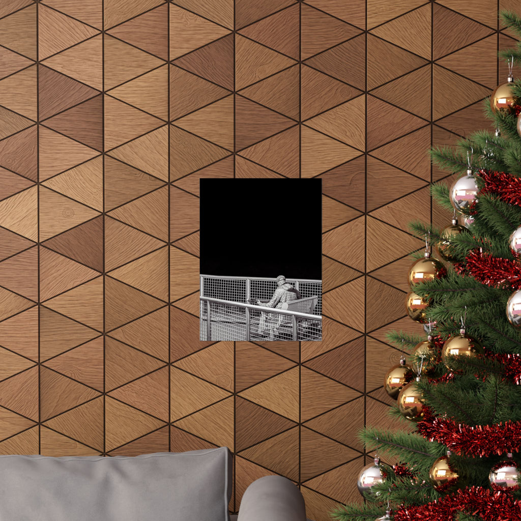 Black & White Lone Guitar Player Matte Vertical Poster — Minimalist wall art