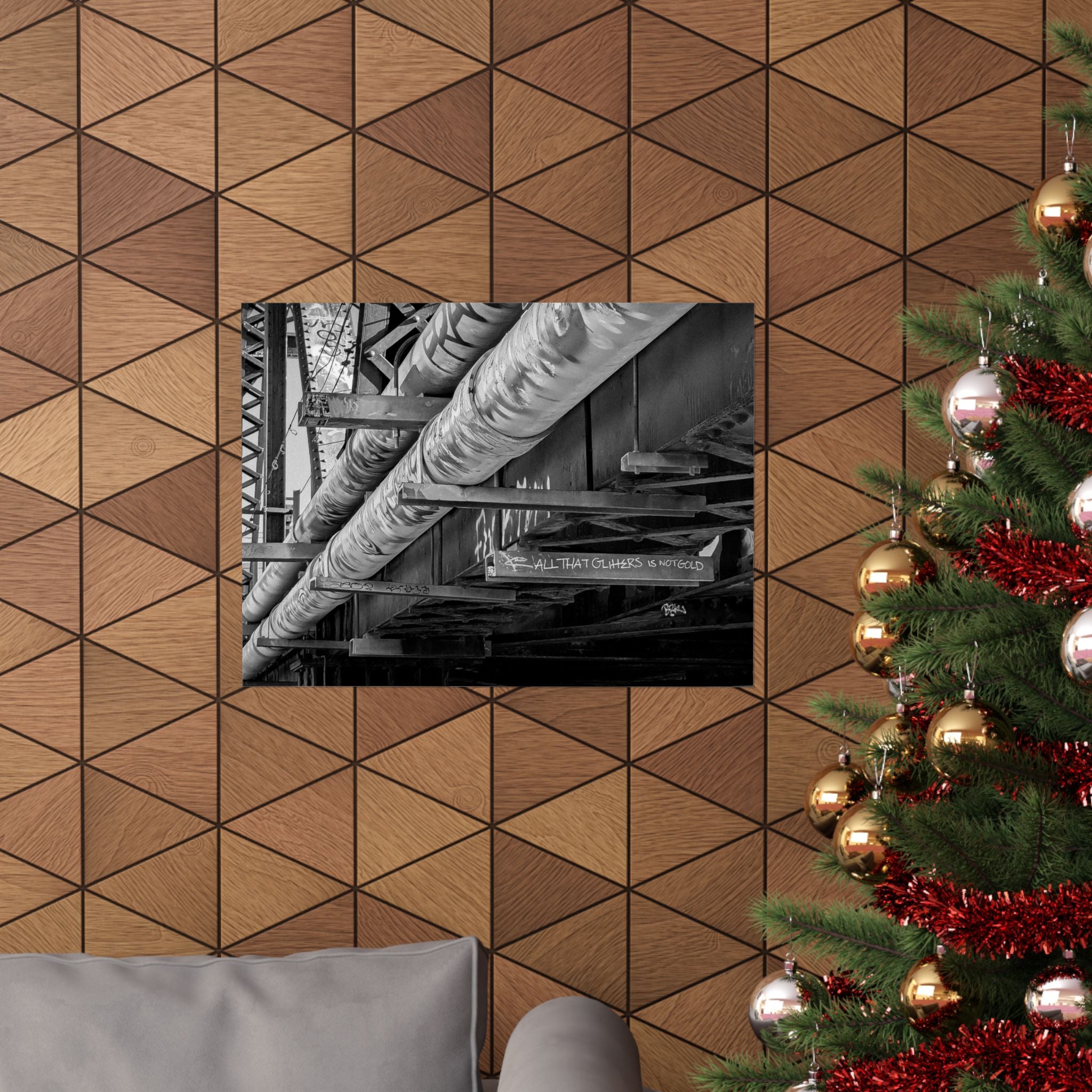 Industrial Black & White Matte Horizontal Poster — Urban Pipe Bridge Photography