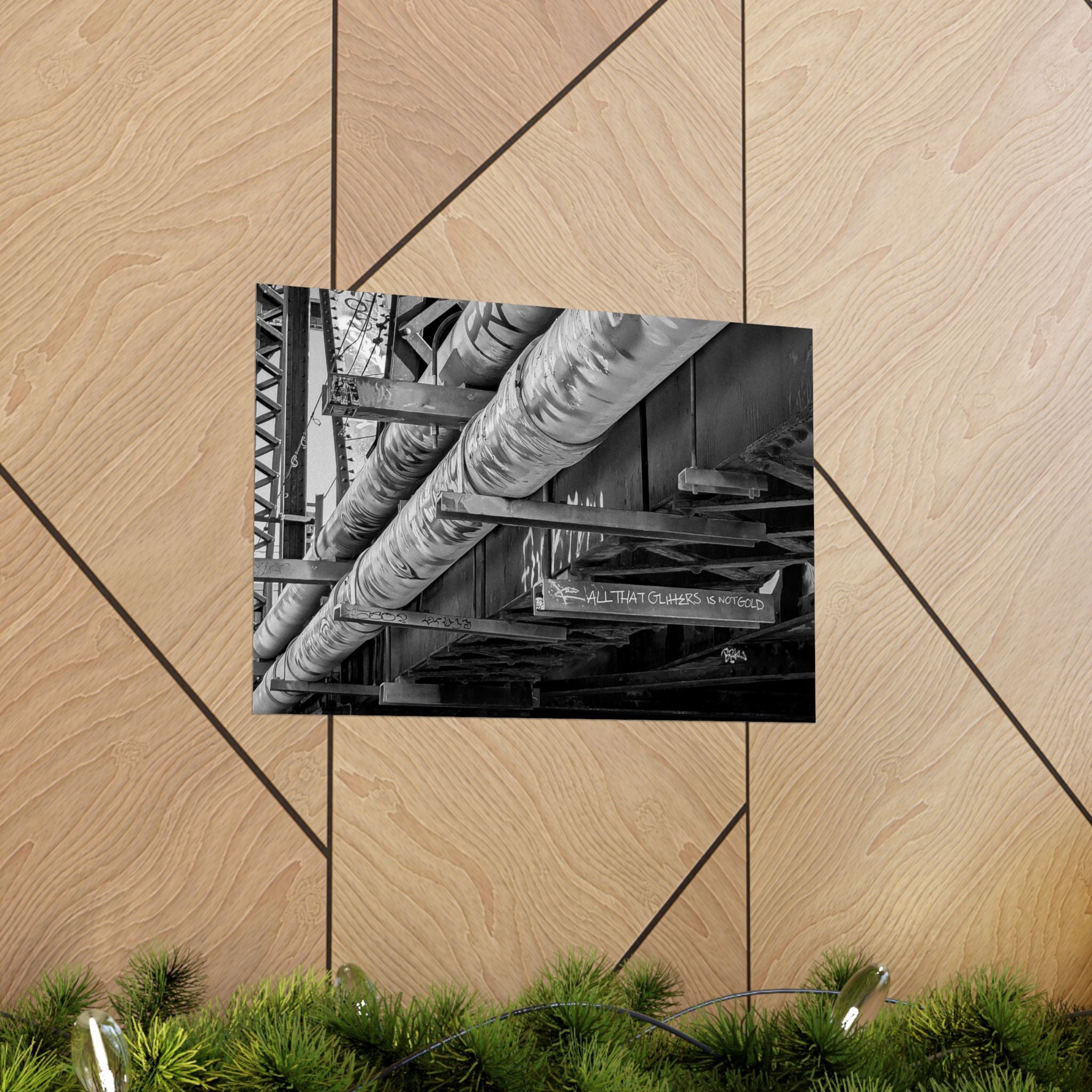 Industrial Black & White Matte Horizontal Poster — Urban Pipe Bridge Photography