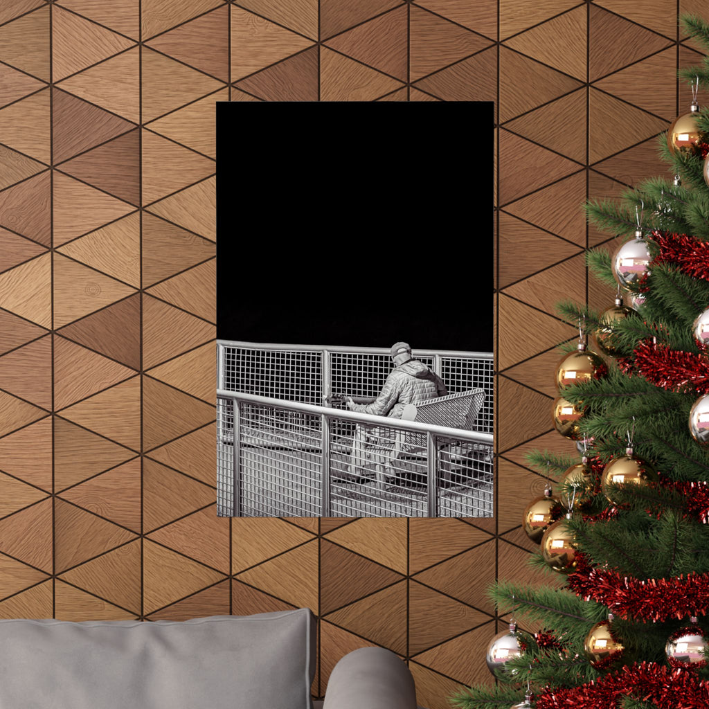 Black & White Lone Guitar Player Matte Vertical Poster — Minimalist wall art