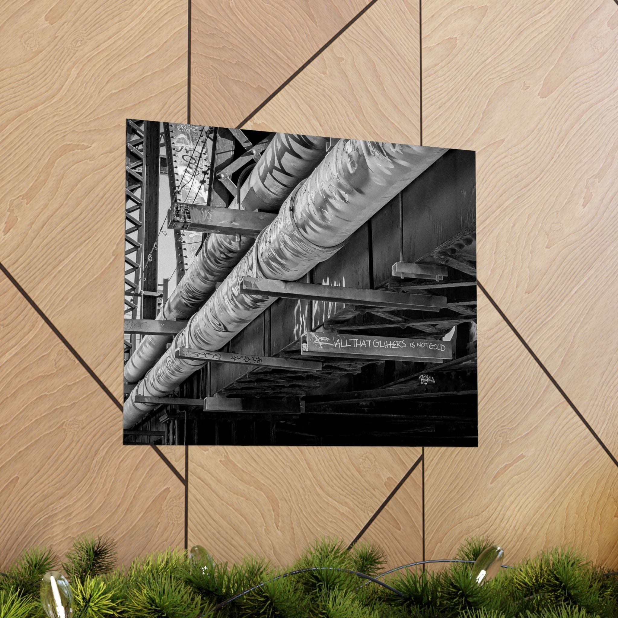 Industrial Black & White Matte Horizontal Poster — Urban Pipe Bridge Photography