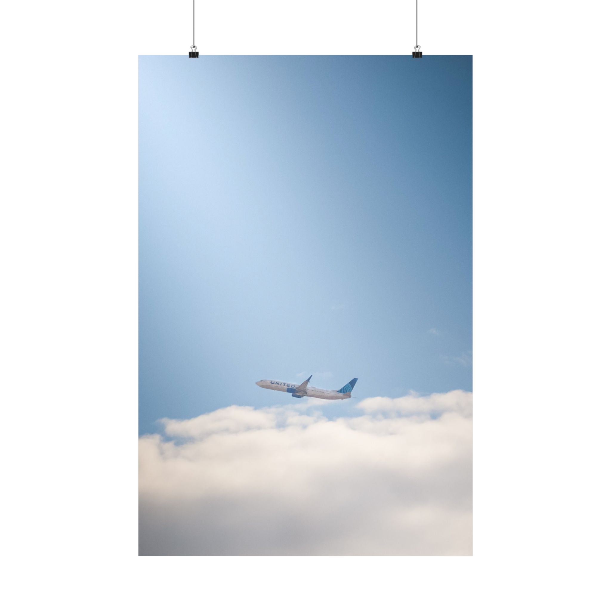 Airplane in Blue Sky Matte Poster — Vertical Travel Wall Art