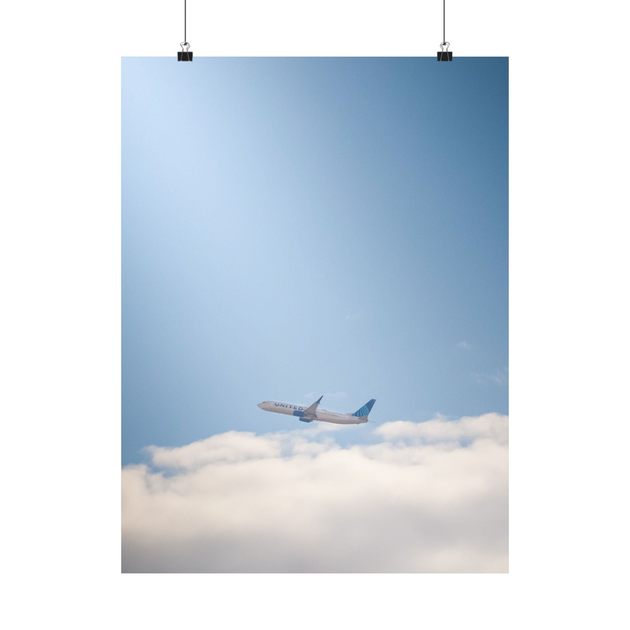 Airplane in Blue Sky Matte Poster — Vertical Travel Wall Art